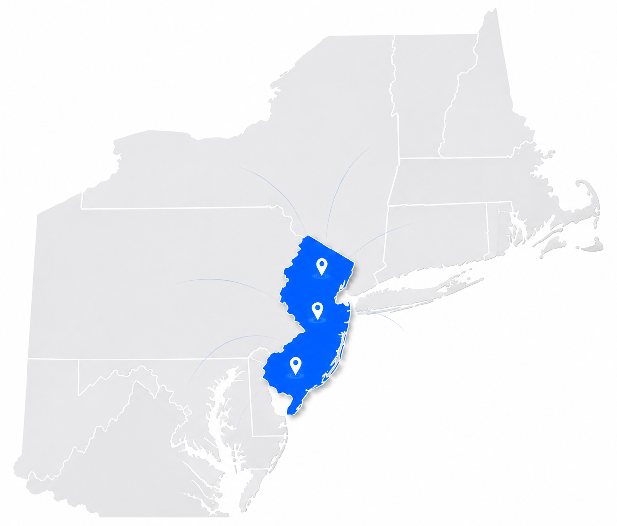 Regional coverage map highlighting New Jersey and surrounding Northeast states