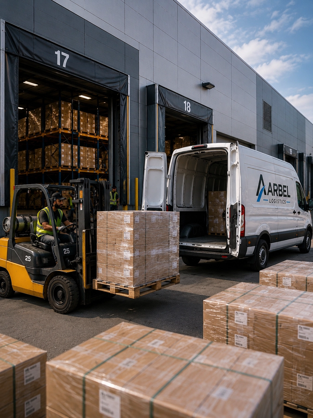 Forklift, pallets, loading dock, and Arbel delivery van during freight handling